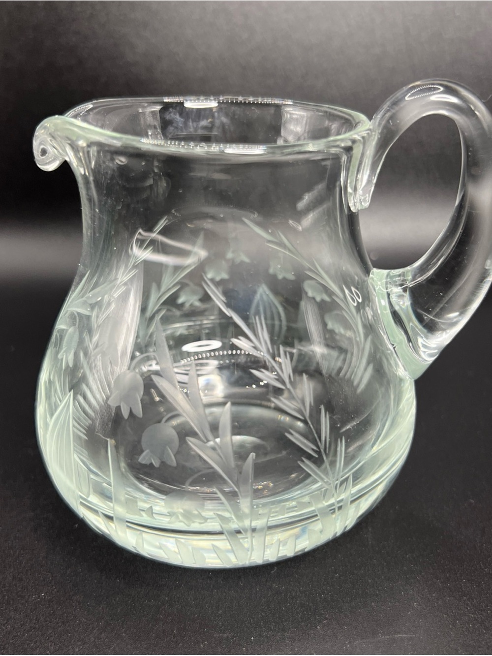 Vintage Etched Glass Small Pitcher 4” Lily of the Valley Floral Creamer Syrup